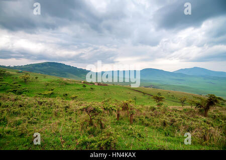 Vue panoramique en Tanzanie avec ciel dramatique et d'un petit village de l'avant, la dépression près de Ngorongoro Crater Banque D'Images