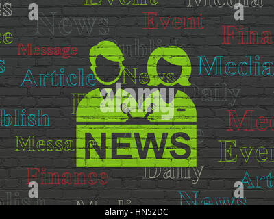 News concept : peint en vert Présentateur icône sur Black Brick wall background avec Tag Cloud Banque D'Images