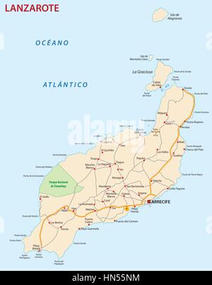 Vector carte routière de l'île des Canaries Lanzarote.eps Illustration de Vecteur