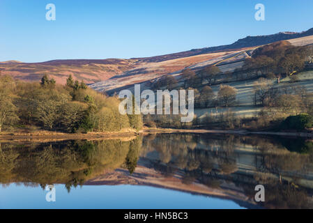 Reflets dans l'eau encore à Ladybower reservoir, parc national de Peak District, Derbyshire, Angleterre Banque D'Images