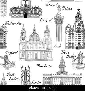 Billet d'Angleterre Royaume-Uni villes célèbre monument avec des calligraphies. ville de Londres, Manchester, Liverpool, Leeds seamless pattern pour votre conception. seaml Illustration de Vecteur