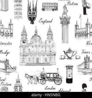 Landmark London motif transparent. doodle travel europe sketchy lettrage. célèbre monuments architecturaux et symboles. Angleterre vintage icons vector te Illustration de Vecteur