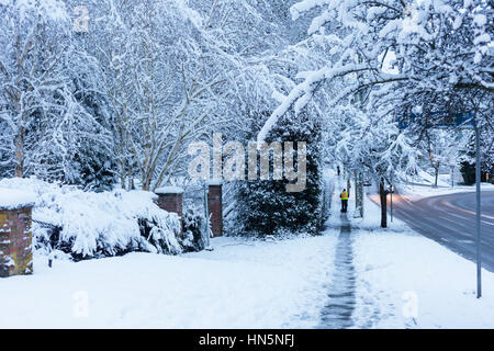 Le raclage des travailleurs de la neige sur le trottoir, rue Blanshard. Victoria, BC, Canada Banque D'Images