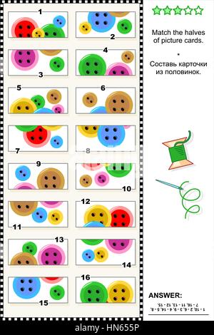 Puzzle visuel : Faites correspondre les deux moitiés de cartes mémoires avec des boutons de couture. Réponse inclus. Illustration de Vecteur