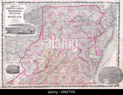 Cette carte de 1863 de Johnson représente la Virginie, le Maryland et des parties du Delaware et de la Pennsylvanie. Il met en évidence les caractéristiques géographiques et les frontières régionales pendant la guerre de Sécession aux États-Unis. Banque D'Images