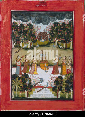 'Série Ragamala, Kotah' représente Krishna jouant de la flûte à sept Gopis qui tiennent des instruments de musique. La peinture fait partie de la série traditionnelle indienne Ragamala, riche en symbolisme culturel et représentant la musicalité divine. Banque D'Images