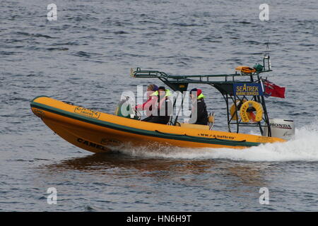 Un Ribtec 655 dans sandglow Camel Trophy livrée, exploité par Seatrek Marine Services, passant Cloch Gourock (point) dans le Firth of Clyde. Banque D'Images