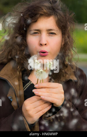 Jeune femme fille avec de longs cheveux bouclés brunette holding et soufflant trois pissenlits avec des graines dans l'air froid pendant le printemps Banque D'Images