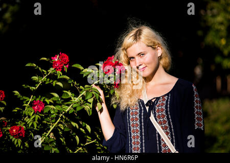 Young blonde woman smelling roses rouges sur bush smiling Banque D'Images