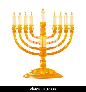 Heureux pour Hanoukka, fête juive. La menorah d'or avec des bougies allumées sur fond blanc. Vector illustration. Illustration de Vecteur