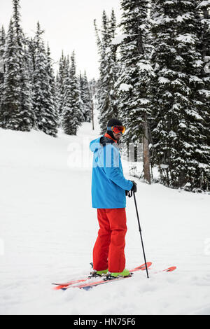 Vue latérale du skieur skier sur des montagnes enneigées Banque D'Images