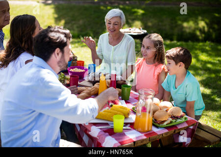 Happy extended family having meal on table in park Banque D'Images