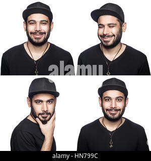 Mosaïque de Middle Eastern exprimant différentes émotions. Le barbu avec t-shirt noir et le capuchon avec quatre professionnels différentes émotions. isolé sur whi Banque D'Images