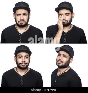 Mosaïque de Middle Eastern exprimant différentes émotions tristes. Le barbu avec t-shirt noir et le capuchon avec quatre différentes émotions malheureux isolés. Banque D'Images