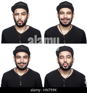 Mosaïque de Middle Eastern exprimant différentes émotions. Le barbu avec t-shirt noir et le capuchon avec quatre différents baisers heureux clin d'émotions. est Banque D'Images