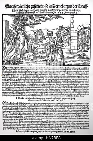 Burning Witch, flyer à partir de l'année 1555, représente une sorcière à brûler Regenstein am Harz, Allemagne, Hexenverbrennung, Flugblatt aus dem Jahre 1555, schildert eine Hexenverbrennung dans Regenstein am Harz, Deutschland, gravure sur bois à partir de 1885, l'amélioration numérique Banque D'Images