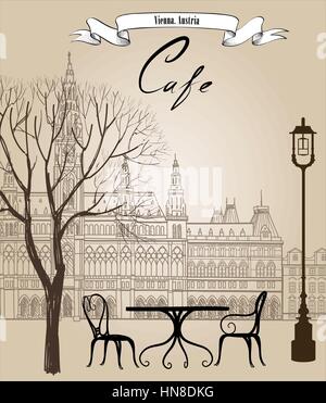 Café de la rue dans la vieille ville. cityscape - maisons, immeubles et arbre sur ruelle. Vue sur la vieille ville médiévale château européen.. paysage dessiné au crayon vector sk Illustration de Vecteur