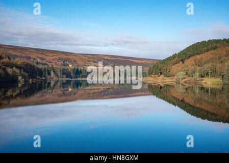 Collines de la haute vallée de Derwent reflète dans l'eau de réservoir Derwent sur un matin d'hiver, Peak District, Derbyshire, Angleterre Banque D'Images