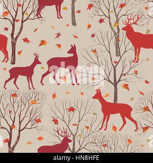 Les animaux en forêt d'automne modèle. Feuilles d'automne et arbres en arrière-plan transparent. deer noël vintage. éléments de fond transparente du renne. ed Illustration de Vecteur