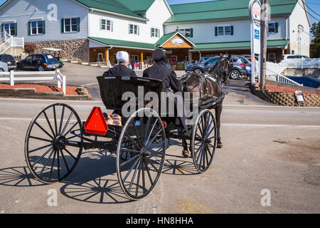 Cheval et buggy Amish à une intersection dans le village de charme, Ohio, USA. Banque D'Images