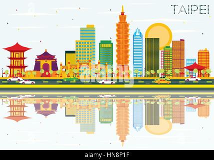 Skyline de Taipei avec bâtiments de couleur, ciel bleu et réflexions. vector illustration. Les voyages d'affaires et tourisme concept. Illustration de Vecteur