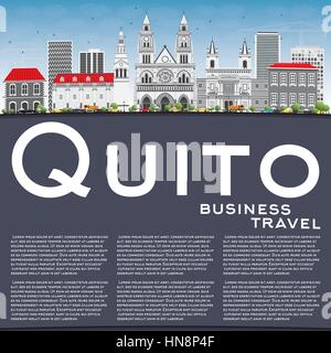 Quito avec toits de bâtiments gris, ciel bleu et copier l'espace. Vector Illustration. Les voyages d'affaires et tourisme Concept avec l'architecture historique. Illustration de Vecteur