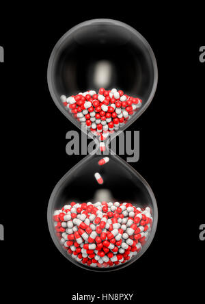 Temps pour médecine / 3D illustration d'hourglass rempli de capsules médicales Banque D'Images