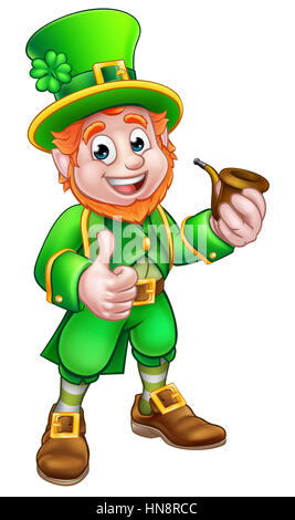 St Patricks Day Leprechaun Cartoon character holding un tuyau et de donner un coup de pouce Banque D'Images