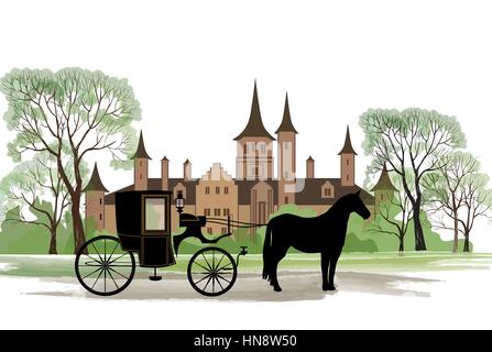 Chariot à cheval sur l'ancien parc de la ville historique. Illustration de Vecteur