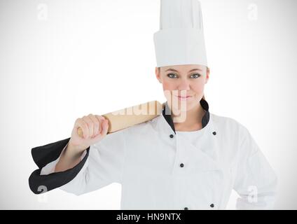 Digital composite de chef avec rouleau à pâtisserie contre fond blanc Banque D'Images