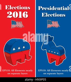 Des maquettes de bannière vecteur sur les élections présidentielles américaines compilées par le parti républicain et démocrate symboles illustrés comme dimensions 3 Illustration de Vecteur