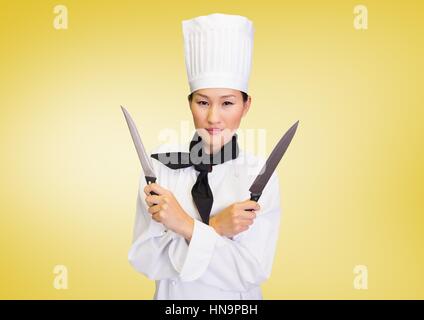 Digital composite du Chef avec des couteaux contre fond jaune Banque D'Images