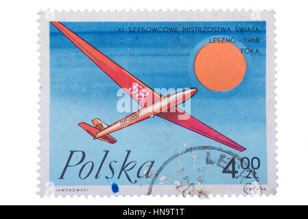 Lodz, Pologne, vers 1968 un timbre imprimé en planeur montre Banque D'Images