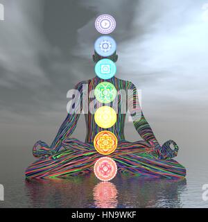 Homme méditant avec sept chakras colorés sur fond nuageux dans l'océan - 3D render Banque D'Images