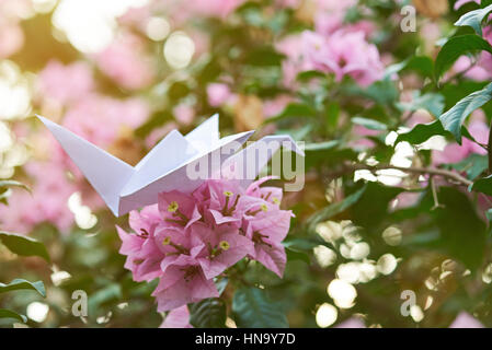 Close up of paper crane en vert jardin ensoleillé Banque D'Images