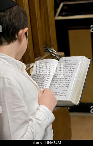 Un garçon juif religieux non identifiables dans une synagogue à Brooklyn un matin de jour de service. Banque D'Images