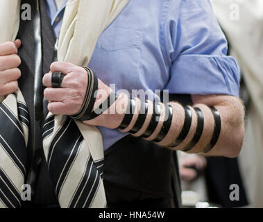 Un homme juif religieux non identifiables dans une synagogue à Brooklyn un matin de jour de service. Banque D'Images