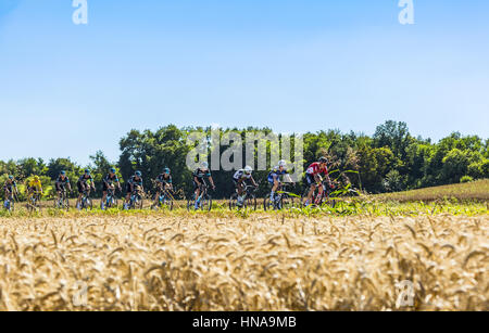 Saint-Quentin-Fallavier, France - 16 juillet 2016 : La principale partie du peloton y compris l'équipe Sky protéger Froome en maillot jaune, l'équitation dans un lor Banque D'Images