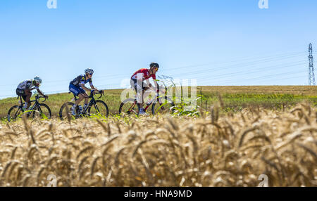 Saint-Quentin-Fallavier, France - 16 juillet 2016 : Trois coureurs (Lars Bak de l'équipe de Lotto-Soudal Etixx-Quick,Petr Vakoc de l'étape et l'équipe Natnael Berhane Banque D'Images