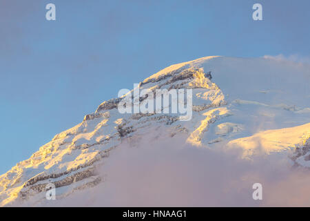 Sommet du mont Rainier au coucher du soleil avec brouillard. Banque D'Images