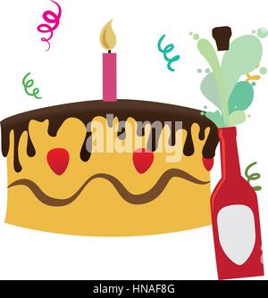 Gâteau d'anniversaire coloré et champagne avec confetti vector illustration Illustration de Vecteur
