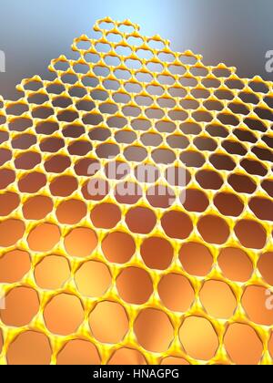 Feuille de graphène. Illustration de la structure moléculaire à l'échelle atomique de graphène, une seule couche de graphite. Il est composé d'atomes de carbone disposés de façon hexagonale liée par de fortes liaisons covalentes. Le graphène est très solide et flexible. Il transporte les électrons très efficacement et pourrait un jour remplacer le silicium dans les puces d'ordinateurs et d'autres applications des technologies. Banque D'Images