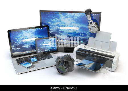 Les périphériques informatiques et de matériel de bureau. Téléphone mobile, ordinateur portable, moniteur, imprimante, appareil photo, écouteurs et tablet pc. 3d illustration Banque D'Images