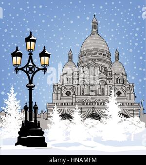 Snowy city wallpaper. Maison de vacances d'hiver la neige fond. Monument de Paris en hiver. Illustration de Vecteur