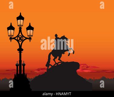 Monument de pierre le grand, Saint-Pétersbourg monument, Russie. st. petersburg coucher du soleil d'arrière-plan du paysage. Illustration de Vecteur