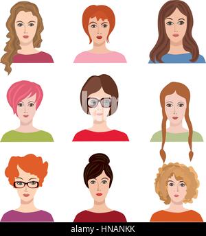 Icon Set avatar. belles jeunes filles avec différents style de cheveux Illustration de Vecteur