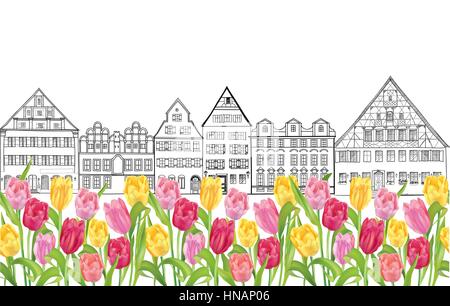 Les vieux bâtiments et maisons à Amsterdam avec tulipes fleurs alley. seamless background. Illustration de Vecteur