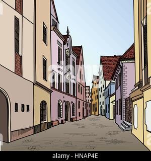 Vieille ville. rue piétonne dans la vieille ville européenne. ville historique. rue esquisse dessinée à la main. vector illustration. Illustration de Vecteur
