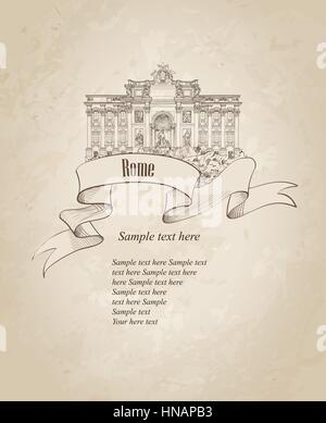 Ville de Rome Fontaine de Trévi. Symbole historique italien l'étiquette sur vieux papier de fond avec copie espace. billet d'Italie. Illustration de Vecteur
