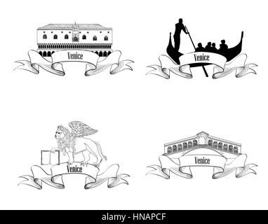Jeu de symboles de Venise gondole., pont du Rialto, palais des Doges, San Marco Venise. lion landmarks. transport italie label sketch collection. Ville d'étiquettes. Illustration de Vecteur